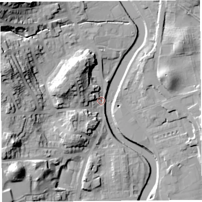 Shaded relief map of the ground around LA95AS, computed from Environment Agency LiDAR. The ground here sits at about 42 m above sea level and falls 37 m across the surrounding 800 m. Surface water reaching this point runs off ground lying to the north-west, 20.0 m higher.