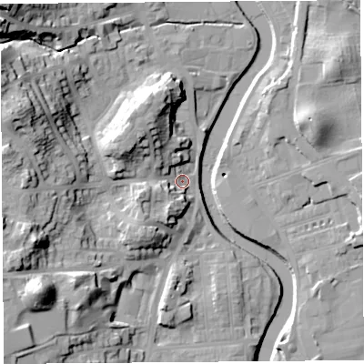 Shaded relief map of the ground around LA95AT, computed from Environment Agency LiDAR. The ground here sits at about 43 m above sea level and falls 37 m across the surrounding 800 m. Surface water reaching this point runs off ground lying to the west-north-west, 15.8 m higher.
