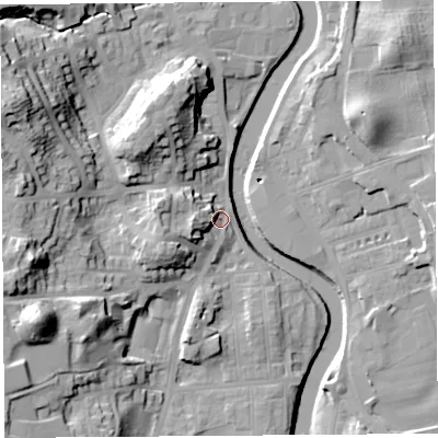 Shaded relief map of the ground around LA95AU, computed from Environment Agency LiDAR. The ground here sits at about 44 m above sea level and falls 33 m across the surrounding 800 m. Surface water reaching this point runs off ground lying to the west, 9.8 m higher.