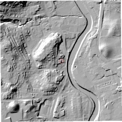 Shaded relief map of the ground around LA95FE, computed from Environment Agency LiDAR. The ground here sits at about 46 m above sea level and falls 43 m across the surrounding 800 m. Surface water reaching this point runs off ground lying to the north-west, 13.3 m higher.