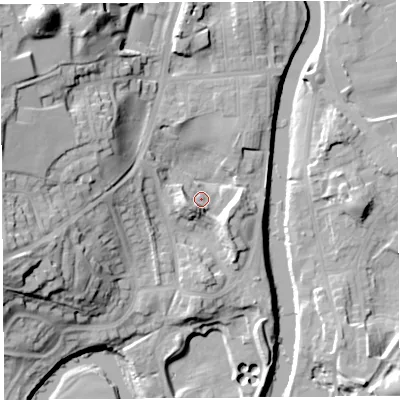 Shaded relief map of the ground around LA95HF, computed from Environment Agency LiDAR. The ground here sits at about 42 m above sea level and falls 34 m across the surrounding 800 m. Surface water reaching this point runs off ground lying to the west-south-west, 8.5 m higher.