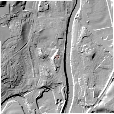 Shaded relief map of the ground around LA95JL, computed from Environment Agency LiDAR. The ground here sits at about 46 m above sea level and falls 34 m across the surrounding 800 m. Surface water reaching this point runs off ground lying to the south-west, 3.3 m higher.