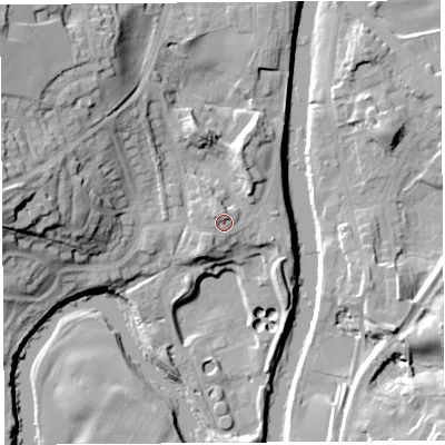 Shaded relief map of the ground around LA95JN, computed from Environment Agency LiDAR. The ground here sits at about 45 m above sea level and falls 28 m across the surrounding 800 m. Surface water reaching this point runs off ground lying to the north-north-west, 2.7 m higher.