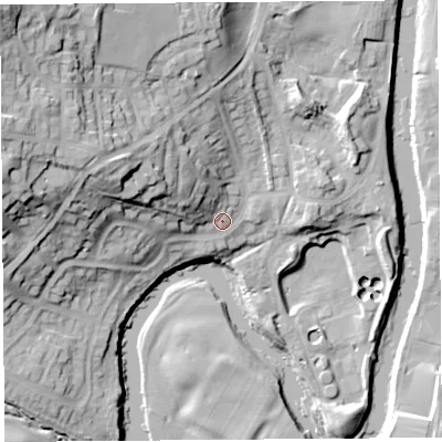 Shaded relief map of the ground around LA95JP, computed from Environment Agency LiDAR. The ground here sits at about 43 m above sea level and falls 38 m across the surrounding 800 m. Surface water reaching this point runs off ground lying to the west-north-west, 15.3 m higher.