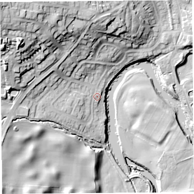 Shaded relief map of the ground around LA95JS, computed from Environment Agency LiDAR. The ground here sits at about 43 m above sea level and falls 46 m across the surrounding 800 m. Surface water reaching this point runs off ground lying to the north-west, 34.2 m higher.
