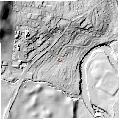 Shaded relief map of the ground around LA95JT, computed from Environment Agency LiDAR. The ground here sits at about 45 m above sea level and falls 69 m across the surrounding 800 m. Surface water reaching this point runs off ground lying to the north-west, 55.2 m higher.
