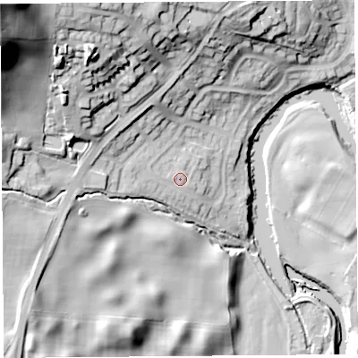 Shaded relief map of the ground around LA95JU, computed from Environment Agency LiDAR. The ground here sits at about 46 m above sea level and falls 66 m across the surrounding 800 m. Surface water reaching this point runs off ground lying to the west-north-west, 2.7 m higher.