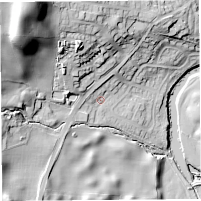 Shaded relief map of the ground around LA95JX, computed from Environment Agency LiDAR. The ground here sits at about 49 m above sea level and falls 70 m across the surrounding 800 m. Surface water reaching this point runs off ground lying to the north-west, 53.7 m higher.