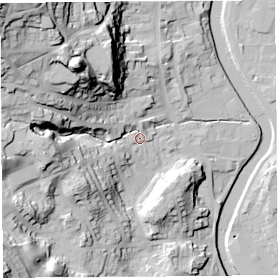 Shaded relief map of the ground around LA95LA, computed from Environment Agency LiDAR. The ground here sits at about 50 m above sea level and falls 68 m across the surrounding 800 m. Surface water reaching this point runs off ground lying to the west-north-west, 43.3 m higher.