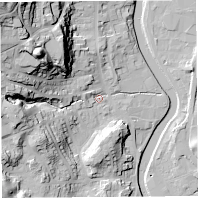 Shaded relief map of the ground around LA95LS, computed from Environment Agency LiDAR. The ground here sits at about 48 m above sea level and falls 67 m across the surrounding 800 m. Surface water reaching this point runs off ground lying to the west-north-west, 34.4 m higher.
