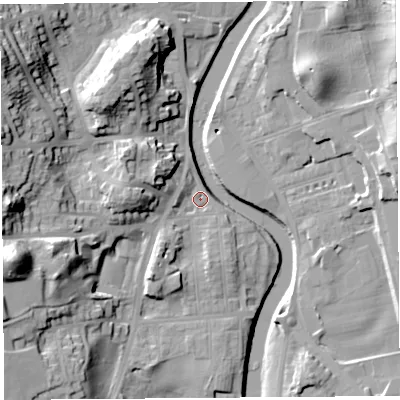 Shaded relief map of the ground around LA95QH, computed from Environment Agency LiDAR. The ground here sits at about 43 m above sea level and falls 33 m across the surrounding 800 m. Surface water reaching this point runs off ground lying to the west, 11.7 m higher.