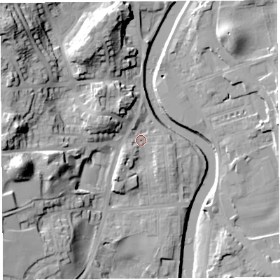 Shaded relief map of the ground around LA95QJ, computed from Environment Agency LiDAR. The ground here sits at about 43 m above sea level and falls 33 m across the surrounding 800 m. Surface water reaching this point runs off ground lying to the south-south-west, 5.4 m higher.