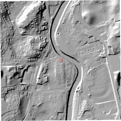 Shaded relief map of the ground around LA95QL, computed from Environment Agency LiDAR. The ground here sits at about 43 m above sea level and falls 28 m across the surrounding 800 m. Surface water reaching this point runs off ground lying to the south-south-west, 3.6 m higher.