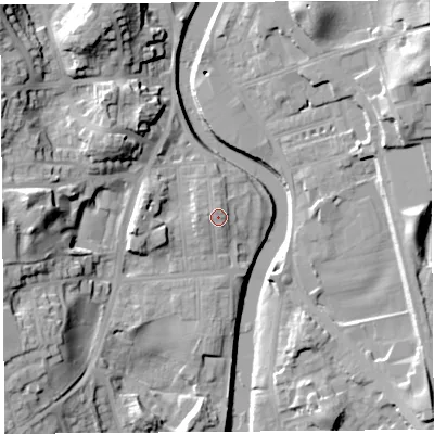 Shaded relief map of the ground around LA95QN, computed from Environment Agency LiDAR. The ground here sits at about 45 m above sea level and falls 24 m across the surrounding 800 m. Surface water reaching this point runs off ground lying to the west, 1.2 m higher.