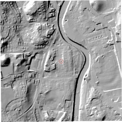 Shaded relief map of the ground around LA95QP, computed from Environment Agency LiDAR. The ground here sits at about 44 m above sea level and falls 33 m across the surrounding 800 m. Surface water reaching this point runs off ground lying to the west-south-west, 5.2 m higher.