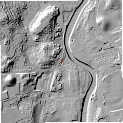 Shaded relief map of the ground around LA95QQ, computed from Environment Agency LiDAR. The ground here sits at about 44 m above sea level and falls 33 m across the surrounding 800 m. Surface water reaching this point runs off ground lying to the west, 11.5 m higher.