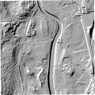 Shaded relief map of the ground around LA95RB, computed from Environment Agency LiDAR. The ground here sits at about 43 m above sea level and falls 23 m across the surrounding 800 m. Surface water reaching this point runs off ground lying to the south-south-west, 2.3 m higher.
