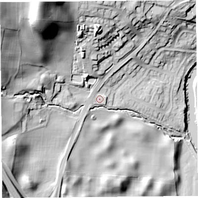 Shaded relief map of the ground around LA95RH, computed from Environment Agency LiDAR. The ground here sits at about 52 m above sea level and falls 65 m across the surrounding 800 m. Surface water reaching this point runs off ground lying to the west-north-west, 32.4 m higher.