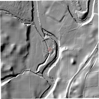 Shaded relief map of the ground around LA95RL, computed from Environment Agency LiDAR. The ground here sits at about 36 m above sea level and falls 24 m across the surrounding 800 m. Surface water reaching this point runs off ground lying to the west, 20.7 m higher.