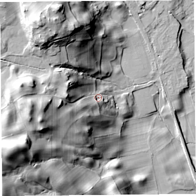 Shaded relief map of the ground around LA95SB, computed from Environment Agency LiDAR. The ground here sits at about 69 m above sea level and falls 70 m across the surrounding 800 m. Surface water reaching this point runs off ground lying to the west, 30.8 m higher.