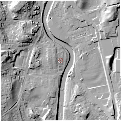 Shaded relief map of the ground around LA95TR, computed from Environment Agency LiDAR. The ground here sits at about 42 m above sea level and falls 23 m across the surrounding 800 m. Surface water reaching this point runs off ground lying to the west-north-west, 3.7 m higher.
