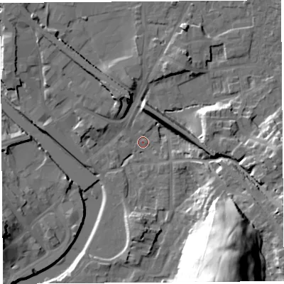 Shaded relief map of the ground around LA96AA, computed from Environment Agency LiDAR. The ground here sits at about 44 m above sea level and falls 44 m across the surrounding 800 m. Surface water reaching this point runs off ground lying to the east, 10.1 m higher.