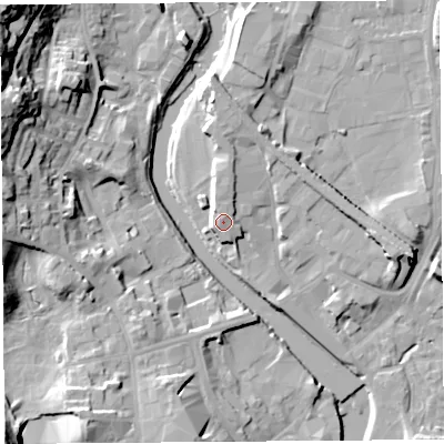 Shaded relief map of the ground around LA96BD, computed from Environment Agency LiDAR. The ground here sits at about 49 m above sea level and falls 30 m across the surrounding 800 m. Surface water reaching this point runs off ground lying to the north-north-west, 3.1 m higher.