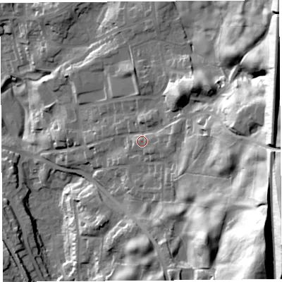 Shaded relief map of the ground around LA96BE, computed from Environment Agency LiDAR. The ground here sits at about 71 m above sea level and falls 73 m across the surrounding 800 m. Surface water reaching this point runs off ground lying to the east-north-east, 42.0 m higher.