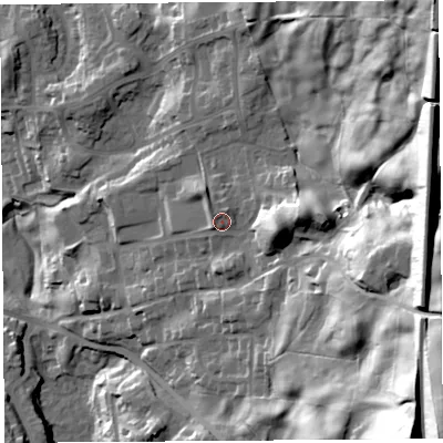 Shaded relief map of the ground around LA96BJ, computed from Environment Agency LiDAR. The ground here sits at about 71 m above sea level and falls 74 m across the surrounding 800 m. Surface water reaching this point runs off ground lying to the west-north-west, 2.0 m higher.