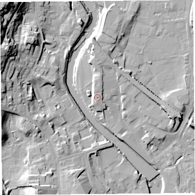 Shaded relief map of the ground around LA96BL, computed from Environment Agency LiDAR. The ground here sits at about 49 m above sea level and falls 30 m across the surrounding 800 m. Surface water reaching this point runs off ground lying to the north, 1.8 m higher.