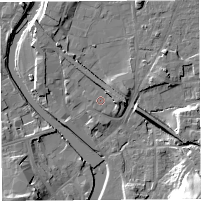 Shaded relief map of the ground around LA96BT, computed from Environment Agency LiDAR. The ground here sits at about 47 m above sea level and falls 30 m across the surrounding 800 m. Surface water reaching this point runs off ground lying to the east, 4.9 m higher.