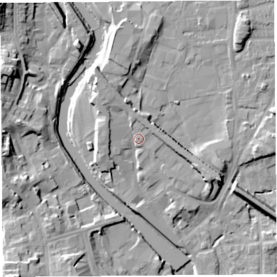 Shaded relief map of the ground around LA96BW, computed from Environment Agency LiDAR. The ground here sits at about 48 m above sea level and falls 17 m across the surrounding 800 m. Surface water reaching this point runs off ground lying to the north-north-west, 3.8 m higher.