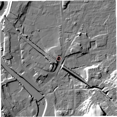 Shaded relief map of the ground around LA96BX, computed from Environment Agency LiDAR. The ground here sits at about 48 m above sea level and falls 26 m across the surrounding 800 m. Surface water reaching this point runs off ground lying to the west-north-west, 3.3 m higher.