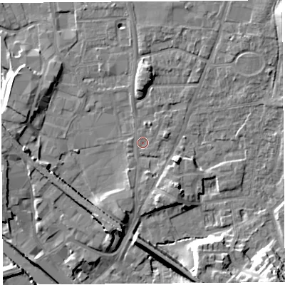 Shaded relief map of the ground around LA96BZ, computed from Environment Agency LiDAR. The ground here sits at about 46 m above sea level and falls 16 m across the surrounding 800 m. Surface water reaching this point runs off ground lying to the south-south-west, 6.6 m higher.