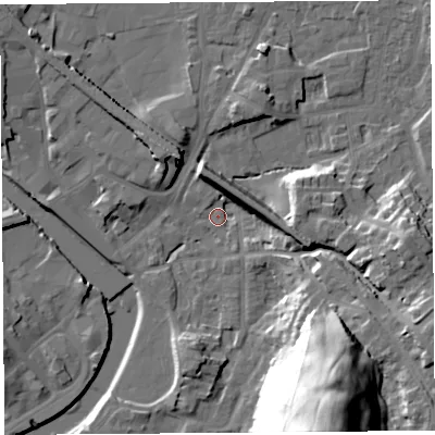 Shaded relief map of the ground around LA96DB, computed from Environment Agency LiDAR. The ground here sits at about 45 m above sea level and falls 42 m across the surrounding 800 m. Surface water reaching this point runs off ground lying to the east-south-east, 9.6 m higher.