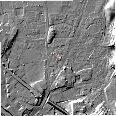 Shaded relief map of the ground around LA96DD, computed from Environment Agency LiDAR. The ground here sits at about 47 m above sea level and falls 14 m across the surrounding 800 m. Surface water reaching this point runs off ground lying to the south-south-west, 6.6 m higher.