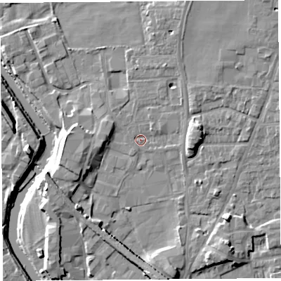 Shaded relief map of the ground around LA96DE, computed from Environment Agency LiDAR. The ground here sits at about 47 m above sea level and falls 10 m across the surrounding 800 m. Surface water reaching this point runs off ground lying to the north-east, 5.2 m higher.