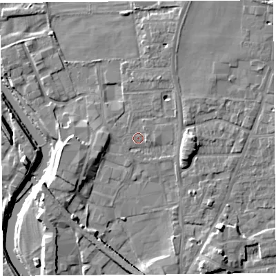 Shaded relief map of the ground around LA96DF, computed from Environment Agency LiDAR. The ground here sits at about 47 m above sea level and falls 10 m across the surrounding 800 m. Surface water reaching this point runs off ground lying to the north-north-east, 3.1 m higher.