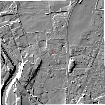 Shaded relief map of the ground around LA96DG, computed from Environment Agency LiDAR. The ground here sits at about 48 m above sea level and falls 10 m across the surrounding 800 m. Surface water reaching this point runs off ground lying to the north-north-east, 3.1 m higher.
