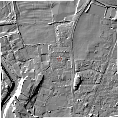 Shaded relief map of the ground around LA96DH, computed from Environment Agency LiDAR. The ground here sits at about 48 m above sea level and falls 11 m across the surrounding 800 m. Surface water reaching this point runs off ground lying to the north-north-east, 1.0 m higher.