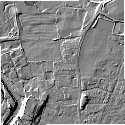 Shaded relief map of the ground around LA96DJ, computed from Environment Agency LiDAR. The ground here sits at about 48 m above sea level and falls 12 m across the surrounding 800 m. Surface water reaching this point runs off ground lying to the north-east, 2.0 m higher.