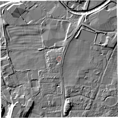 Shaded relief map of the ground around LA96DL, computed from Environment Agency LiDAR. The ground here sits at about 49 m above sea level and falls 12 m across the surrounding 800 m. Surface water reaching this point runs off ground lying to the north-north-east, 1.2 m higher.