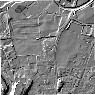 Shaded relief map of the ground around LA96DN, computed from Environment Agency LiDAR. The ground here sits at about 49 m above sea level and falls 12 m across the surrounding 800 m. Surface water reaching this point runs off ground lying to the east-north-east, 0.7 m higher.