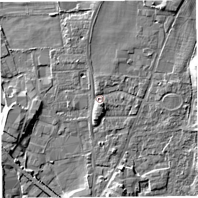 Shaded relief map of the ground around LA96DP, computed from Environment Agency LiDAR. The ground here sits at about 48 m above sea level and falls 11 m across the surrounding 800 m. Surface water reaching this point runs off ground lying to the north-north-east, 4.1 m higher.