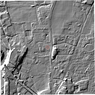 Shaded relief map of the ground around LA96DQ, computed from Environment Agency LiDAR. The ground here sits at about 48 m above sea level and falls 11 m across the surrounding 800 m. Surface water reaching this point runs off ground lying to the north-east, 4.1 m higher.