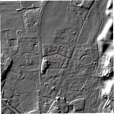 Shaded relief map of the ground around LA96DR, computed from Environment Agency LiDAR. The ground here sits at about 48 m above sea level and falls 14 m across the surrounding 800 m. Surface water reaching this point runs off ground lying to the north-north-east, 2.7 m higher.