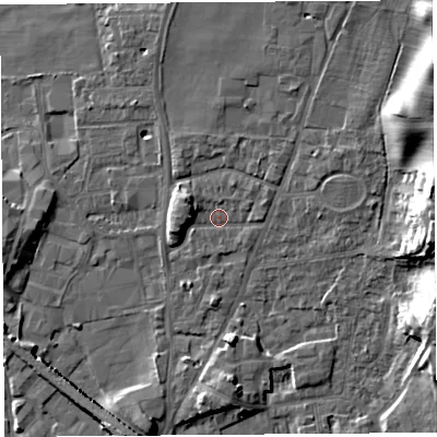 Shaded relief map of the ground around LA96DS, computed from Environment Agency LiDAR. The ground here sits at about 48 m above sea level and falls 14 m across the surrounding 800 m. Surface water reaching this point runs off ground lying to the north-north-east, 4.2 m higher.