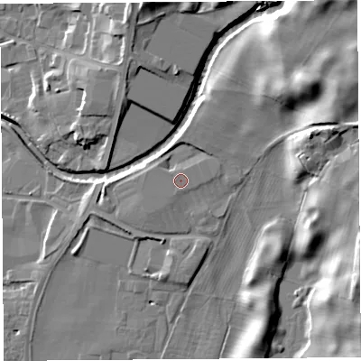 Shaded relief map of the ground around LA96DU, computed from Environment Agency LiDAR. The ground here sits at about 54 m above sea level and falls 19 m across the surrounding 800 m. The ground contributing surface water to this point lies to the west.