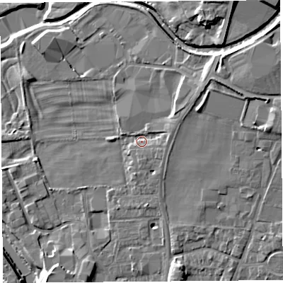 Shaded relief map of the ground around LA96DW, computed from Environment Agency LiDAR. The ground here sits at about 49 m above sea level and falls 12 m across the surrounding 800 m. Surface water reaching this point runs off ground lying to the north-east, 4.0 m higher.