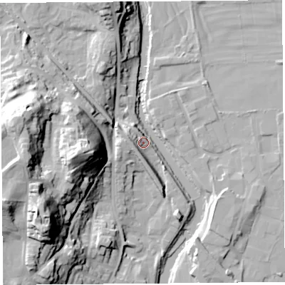 Shaded relief map of the ground around LA96DY, computed from Environment Agency LiDAR. The ground here sits at about 49 m above sea level and falls 44 m across the surrounding 800 m. Surface water reaching this point runs off ground lying to the west-north-west, 9.1 m higher.